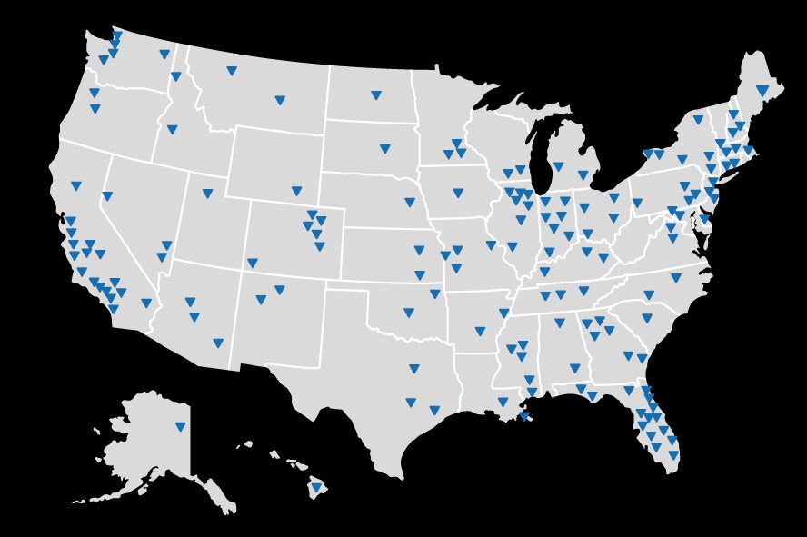 US map with blue triangle markers. - 8471
