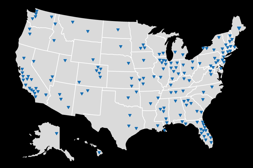 A map of the united states with blue dots on it.